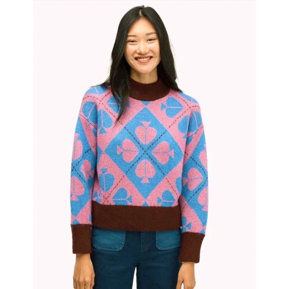 $328 KATE SPADE New York Women's Pink Blue Brown Spade Geo Pullover Sweater XS